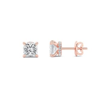 2Cttw Princess Shaped Lab Grown Diamond (F/VS) Hidden Halo Stud Earrings in 14K Gold