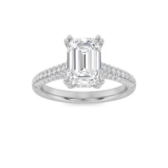 3Cttw Emerald Shaped Lab Grown Diamond (F/VS) Triple Row Accented Engagement Ring in 14K Gold