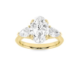 3Cttw Oval Shaped Lab Grown Diamond (F/VS) Three Stone Hidden Halo Ring in 14K Gold